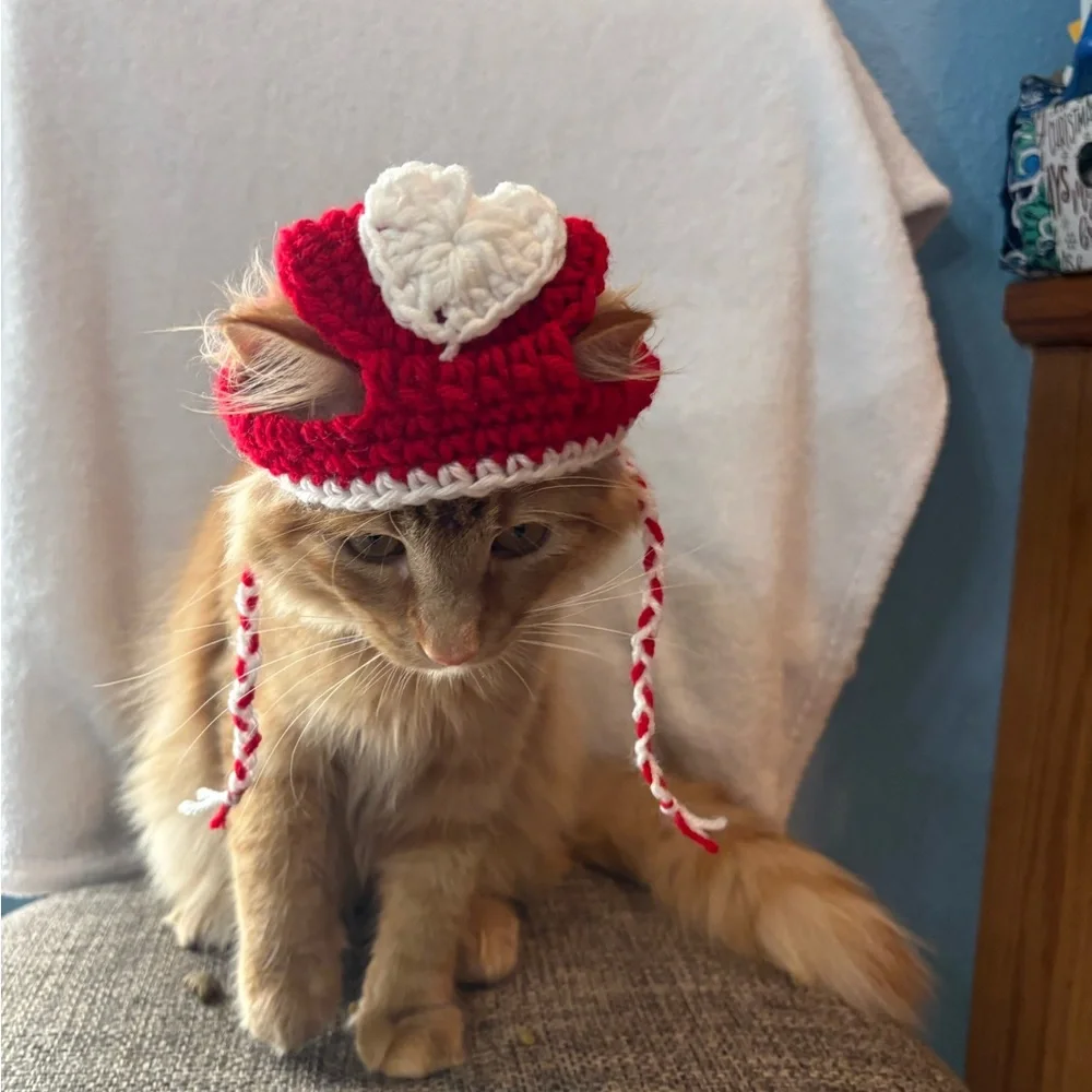 Handmade Red & White Crochet Cat Hat - Pet Costume Valentine’s heart